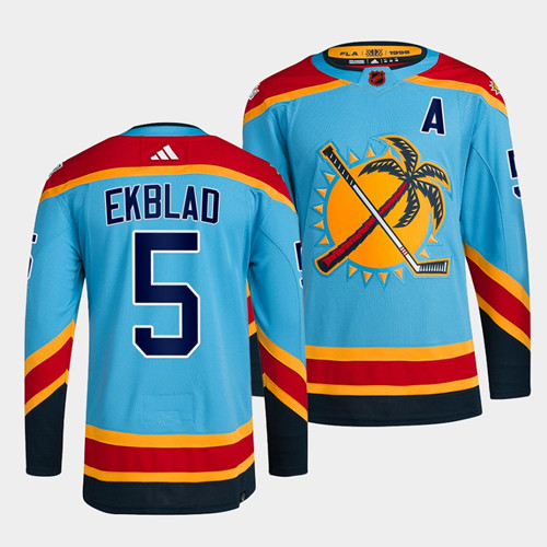 Men's Florida Panthers #5 Aaron Ekblad Blue 2022 Reverse Retro Stitched Jersey - Click Image to Close